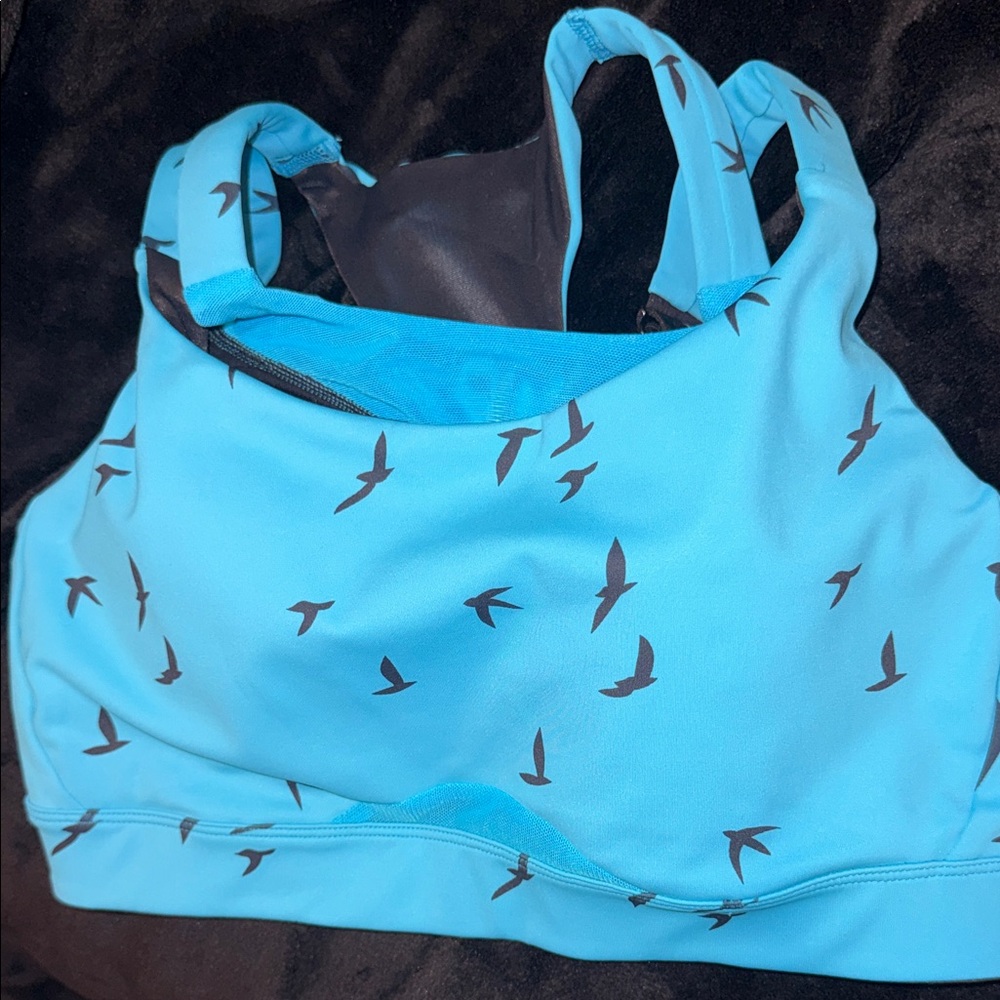 Oiselle Teal Bra with Black Bird Pattern 36C New - Picture 3 of 11